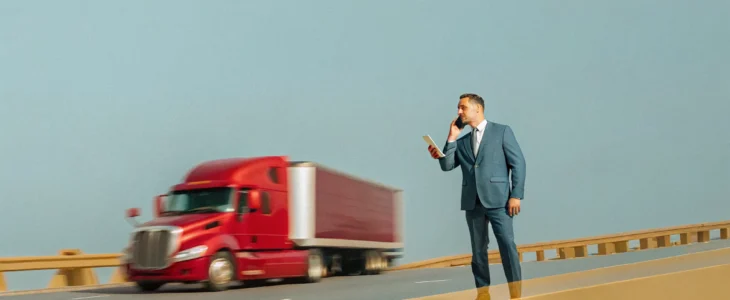 Irvine commercial truck accident lawyer at work with a semi truck on the highway.