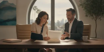 An injured person reviewing a premises liability fee agreement with an attorney at a desk