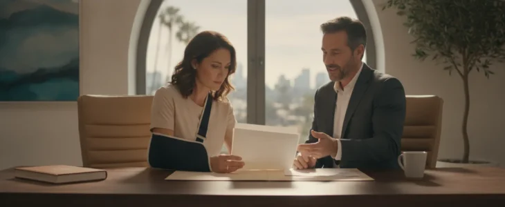 An injured person reviewing a premises liability fee agreement with an attorney at a desk