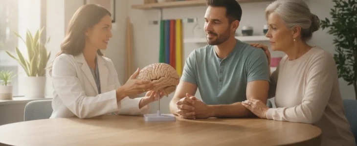 A rehabilitation specialist reviewing a care plan with a person recovering from a brain injury and a family member