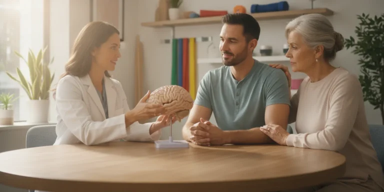A rehabilitation specialist reviewing a care plan with a person recovering from a brain injury and a family member