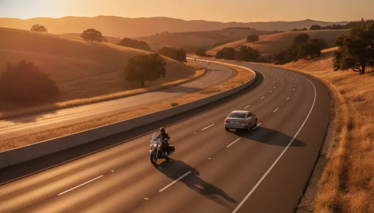 Motorcyclist and passenger car traveling on a California highway