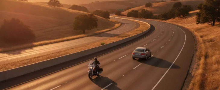 Motorcyclist and passenger car traveling on a California highway