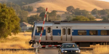 Passenger train traveling through a Sacramento-area rail crossing as a car waits behind lowered gates