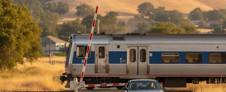 Passenger train traveling through a Sacramento-area rail crossing as a car waits behind lowered gates