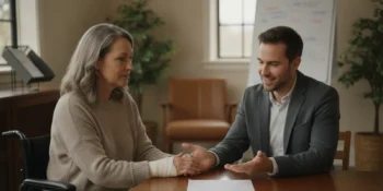 Family reviewing a long-term care plan with a rehabilitation professional after a serious injury