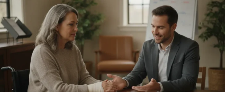 Family reviewing a long-term care plan with a rehabilitation professional after a serious injury