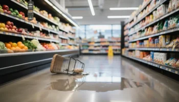 Clean grocery store aisle with a small floor spill illustrating a California slip and fall risk