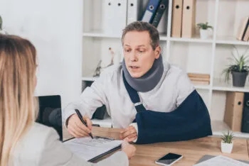 Injured man wearing a neck brace researching car accident attorney fees in California after a serious crash.