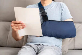 An injured person wearing a sling reads paperwork after a crash, representing the challenges of car accident recovery in California.