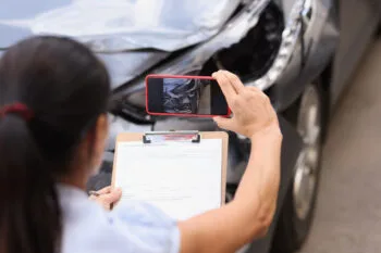 Insurance adjuster with a clipboard photographing a damaged car while victims wonder did car insurance rates go up in California.