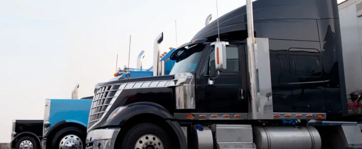 Several semi-trucks parked in a lot, representing commercial vehicles that rely on truck black box data for accident investigations.