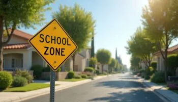 A bright yellow school zone sign stands in a quiet California neighborhood, linking to California school zone speed limit laws that protect children.