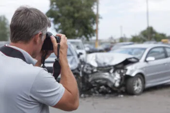 A bystander takes a photo of a crash scene, demonstrating the importance of a car accident witness in supporting a claim.