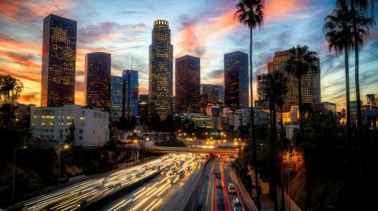 Heavy traffic moves through downtown Los Angeles, symbolizing cases that end up in Los Angeles traffic court after serious crashes.