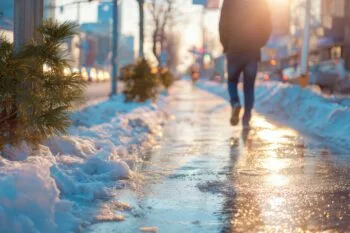 A close-up of an icy sidewalk in California shows the hazards that cause a slip and fall on icy sidewalk during winter.