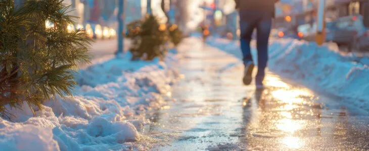 A close-up of an icy sidewalk in California shows the hazards that cause a slip and fall on icy sidewalk during winter.