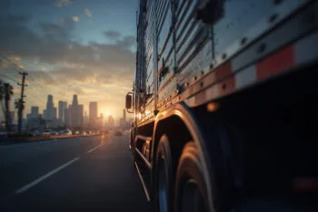 A semi-truck drives toward downtown Los Angeles, symbolizing cases handled by a truck accident lawyer in Los Angeles.