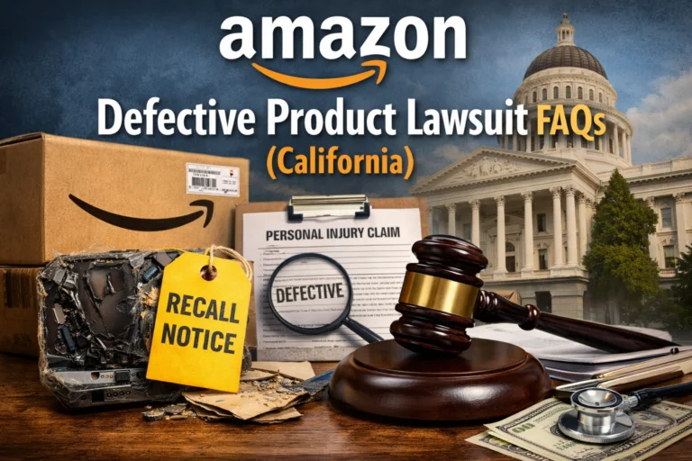 Amazon defective product lawsuit FAQs in California—gavel, recall notice, damaged device, and California Capitol background.