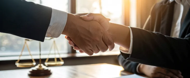 A handshake between a client and their chosen car accident lawyer.