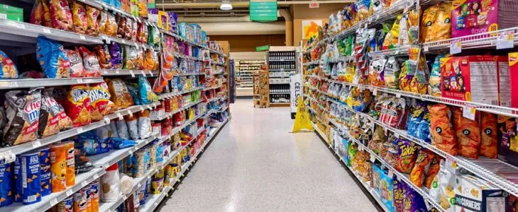 A wet floor sign stands in the middle of a grocery store aisle, representing a common slip and fall in grocery store hazard that can cause injuries.