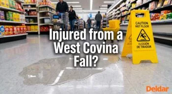 Grocery store aisle with a wet floor spill and a yellow caution sign. Text overlay asks, "Injured from a West Covina Fall?" with the Deldar logo in the bottom right corner.