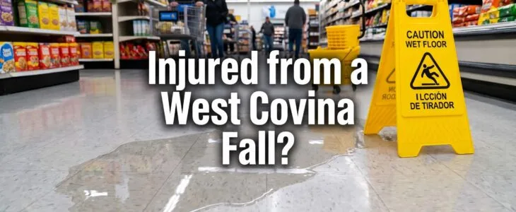 Grocery store aisle with a wet floor spill and a yellow caution sign. Text overlay asks, "Injured from a West Covina Fall?" with the Deldar logo in the bottom right corner.