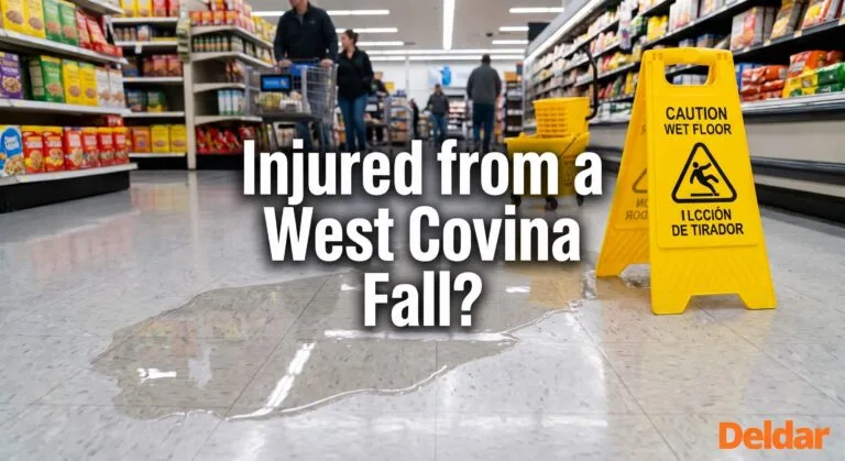Grocery store aisle with a wet floor spill and a yellow caution sign. Text overlay asks,