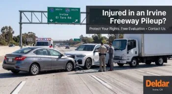 Multi-car pileup on an Irvine freeway near the El Toro Road exit, featuring a police officer speaking to a driver. Text overlay asks, "Injured in an Irvine Freeway Pileup?" with the Deldar Legal logo.