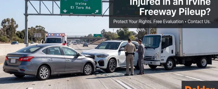 Multi-car pileup on an Irvine freeway near the El Toro Road exit, featuring a police officer speaking to a driver. Text overlay asks, "Injured in an Irvine Freeway Pileup?" with the Deldar Legal logo.