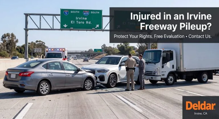 Multi-car pileup on an Irvine freeway near the El Toro Road exit, featuring a police officer speaking to a driver. Text overlay asks,